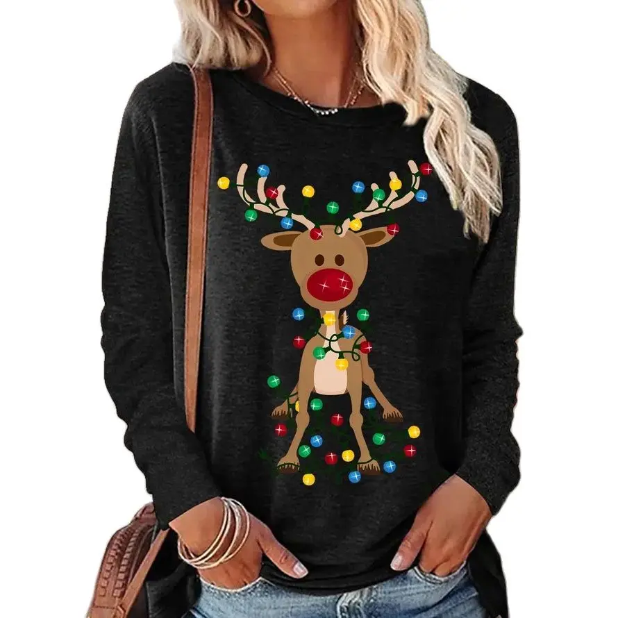 Top Trends: 2023 New Autumn Women's O Neck Long Sleeve Top Merry Christmas Deer Print Pullover Loose Size Tops T-Shirts Ladies Fashion Tees Shoppable Styles