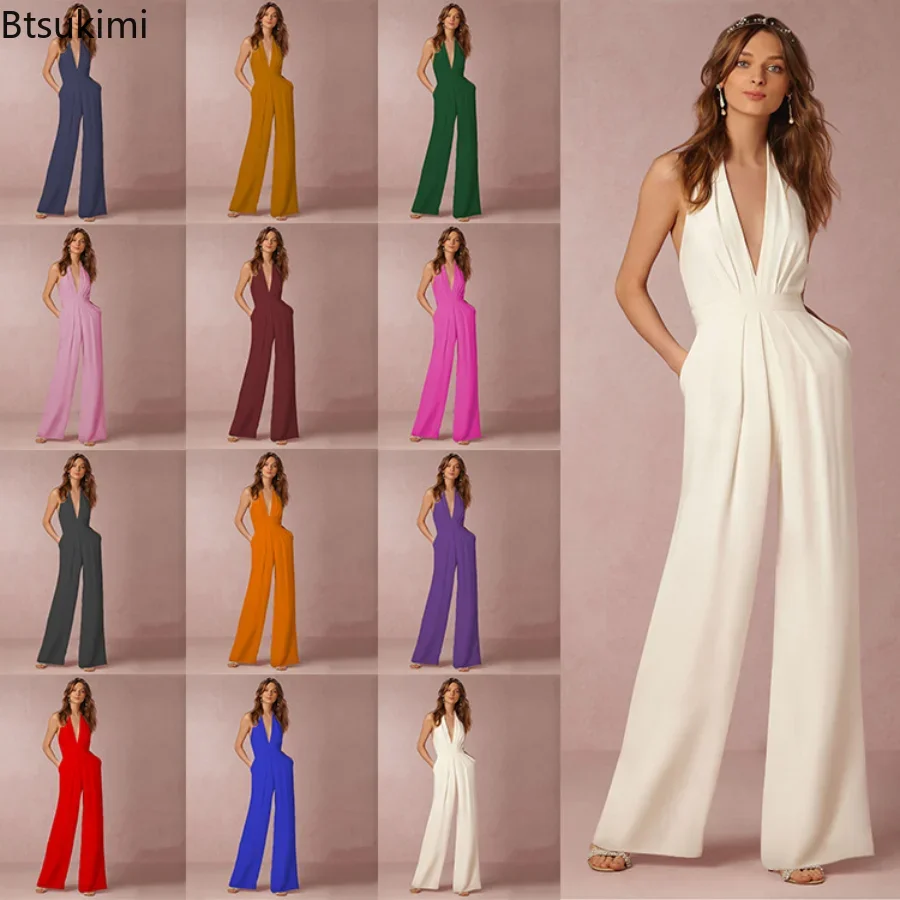 Top Trends: 2024 Summer Jumpsuit Women Sexy Solid Backless Elegant Wide Leg Pants Clothing Woman Sleeveless Female Party Overalls Rompers Shoppable Styles