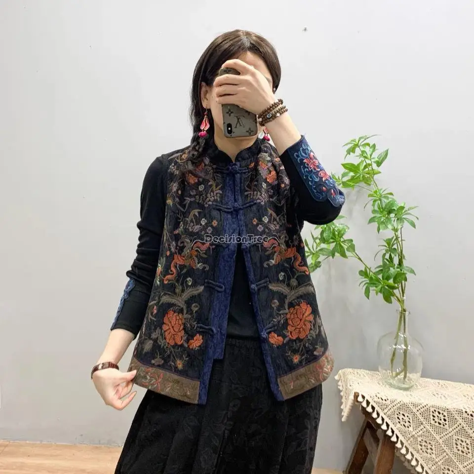 Top Trends: 2023 New Chinese Retro National Style Flower Embroidery Sleeveless Women Stand Collar Vest Top Cotton Linen Quilted Vest G930 Shoppable Styles