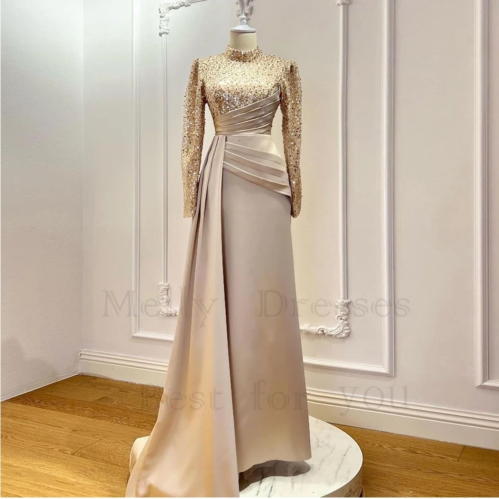 Top Trends: Champagne High Neck Evening Dresses For Women Sheath Full Sleeve Prom Gowns With Sequined Georous Robe De Soirée 2023 Summer Shoppable Styles