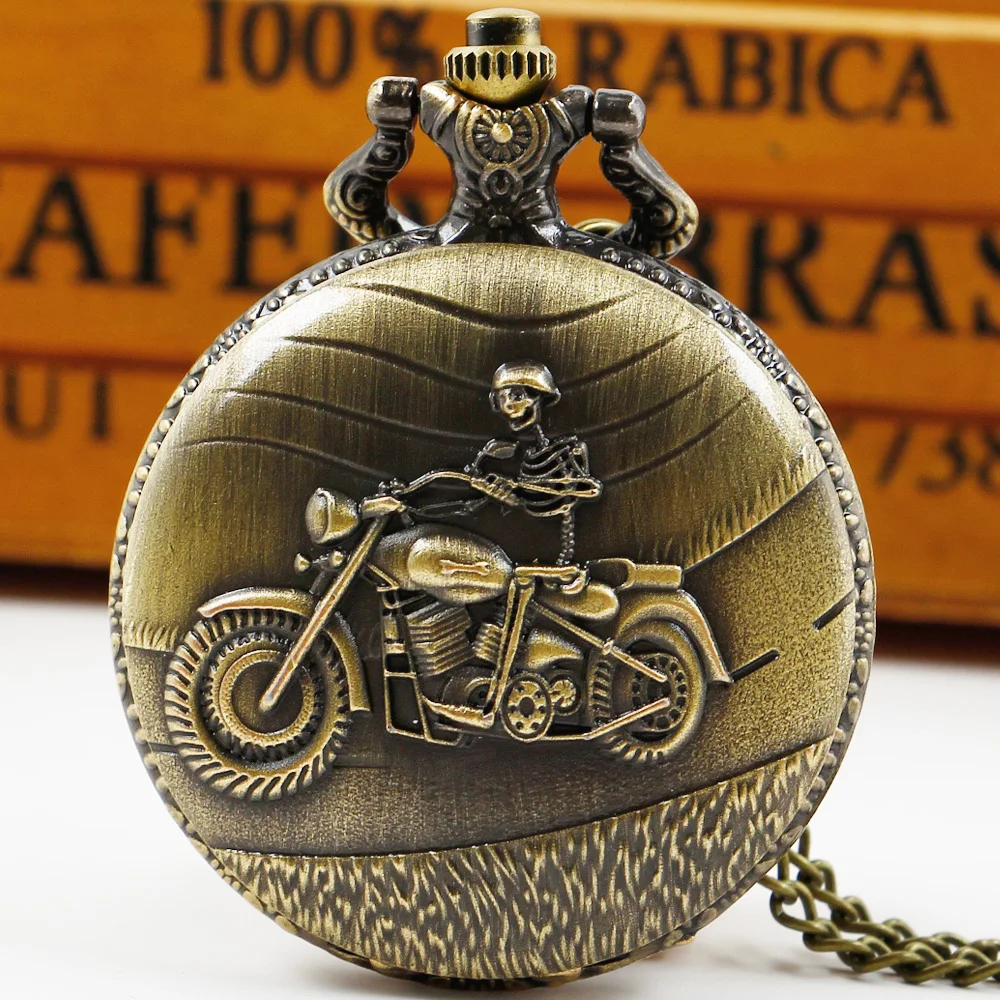 Top Trends: Bronze Antique Skull Riding Motorcycle Quartz Pocket Watch Women Necklace Chain Rtero Fob Watches Gifts Dropshipping Shoppable Styles