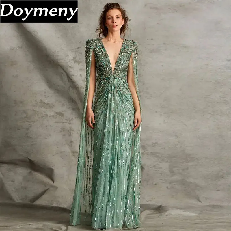 Top Trends: Doymeny Women Luxury Prom Dress Sequined Beaded V-neck Mermaid Cape Formal Cocktail Evening Party Gownsvestido Galaفساتين السهر Shoppable Styles