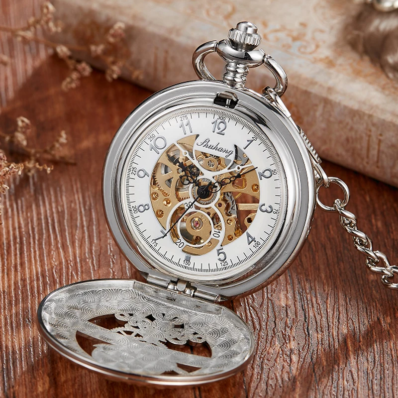 Top Trends: Hand-WInd Mechanical Pocket Watch Vintage Hollow Blue Moon Star Steampunk Skeleton Watch Roman Numerals Clock With Fob Chain Shoppable Styles - Image 6