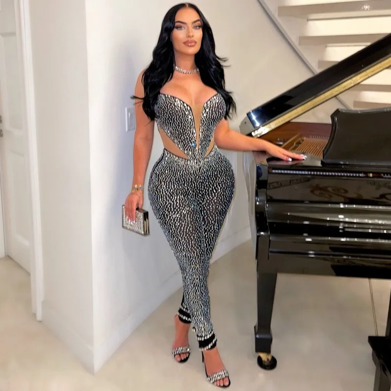 Top Trends: Mesh Patchwork Hot Diamonds Bodycon Jumpsuit Women Spaghetti Strap Sleeveless Zipper High Waist Luxury Rompers Club Partywear Shoppable Styles