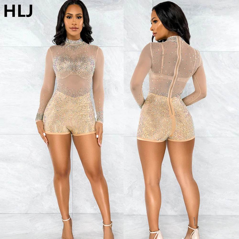 Top Trends: HLJ Sexy Mesh Perspective Rhinestone Bodycon Rompers Women Round Neck Long Sleeve Slim Jumpsuit Fashion Party Nightclub Overalls Shoppable Styles