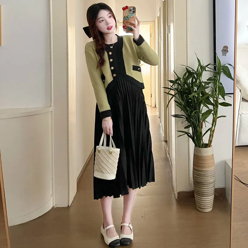 Top Trends: Winter Korean Style Pregnancy Knitted Cardigan+ Slimming Pleated Nursing Dress Two Pieces Set Maternity Breastfeeding Clothes Set Shoppable Styles