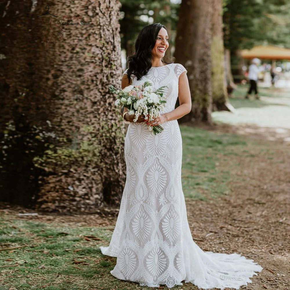 Top Trends: Elegant Lace Wedding Dresses Plus Size Jewel Neck Cap Sleeves Bride Gowns Backless Sweep Train Mermaid Robe De Mariee 2024 Shoppable Styles