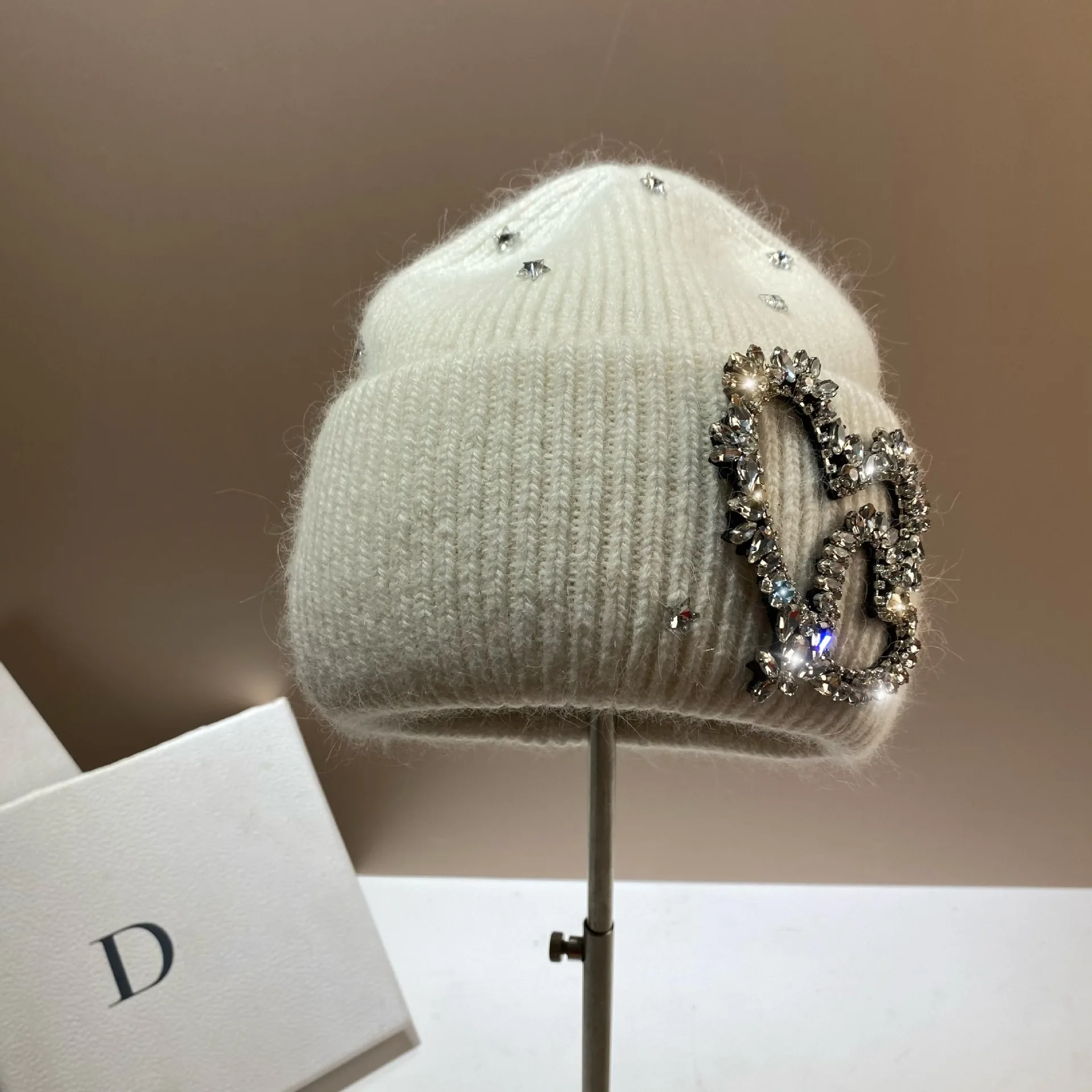 Top Trends: Real Rabbit Fur Women&#039;s Knitted Hat Luxury Rhinestones Heart Pattern Winter Beanie Designer Hats Lady Warm Walking Bonnet Beanie Shoppable Styles