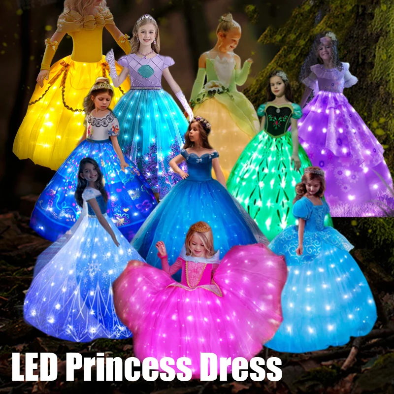 Top Trends: Disney Princess LED Light Up Dress For Girls Cosplay Frozen Elsa Aurora Halloween Costume Party Carnival Evening Dresses Shoppable Styles