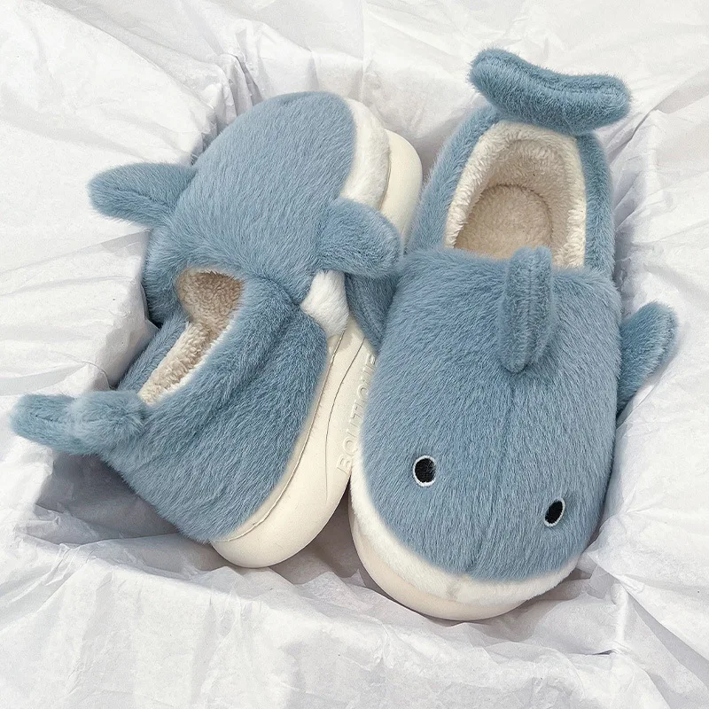 Top Trends: Comwarm Cute Home Plush Slippers For Women Men Cartoon Furry Shark Slippers Indoor Thick Bottom Non-slip Slides Bedroom Shoes Shoppable Styles