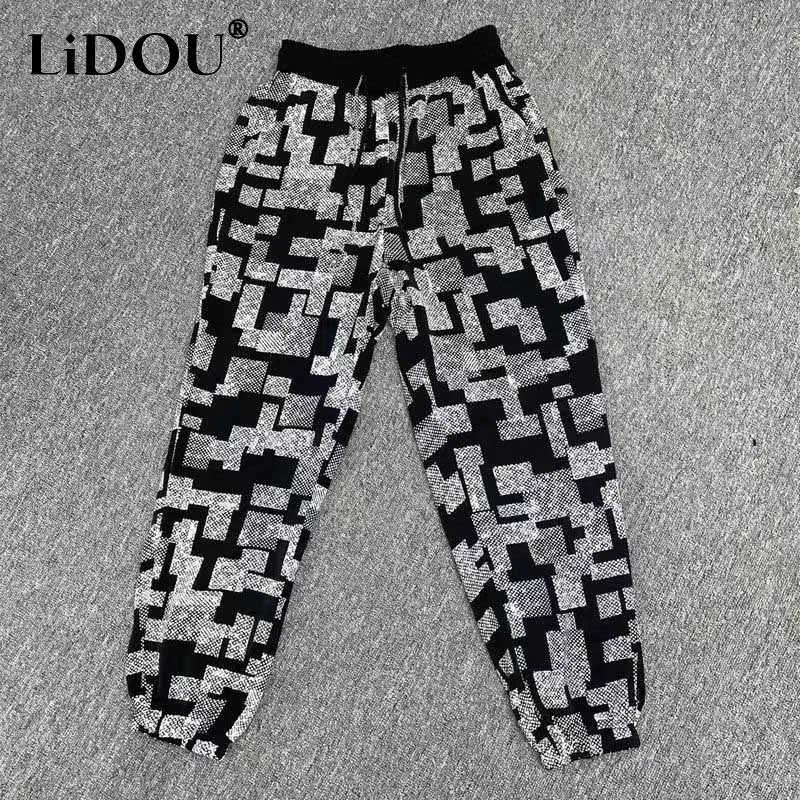 Top Trends: 2023 Summer New Geometric Printing Elastic Waist Leggings Women Ice Silk Fabric Comfortable Loose Casual Fashion Haren Pants Shoppable Styles