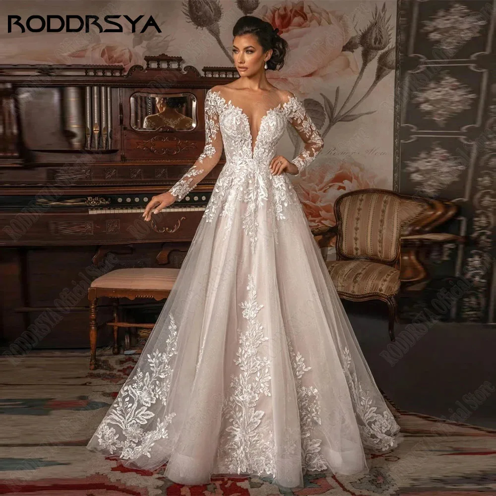 Top Trends: RODDRSYA Scoop Neck A-Line Wedding Dress Long Sleeves Illusion Back Tulle Bridal Gowns Lace Applique Plus Size Vestido De Novia Shoppable Styles