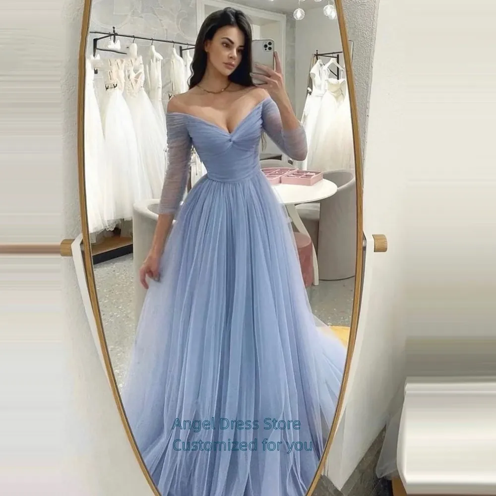 Top Trends: Angel Custom Simple Blue Elegant A-Line Tulle Pleat Evening Dress Floor-Length Off Shoulder Long Sleeves Prom Gowns Shoppable Styles