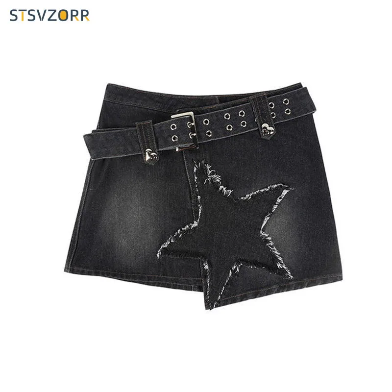 Top Trends: STSVZORR Y2K 2023 New Summer Women's Retro Stars Denim Half Skirt High Waist Containing Belt Anti-slip A-line Culottes Shoppable Styles