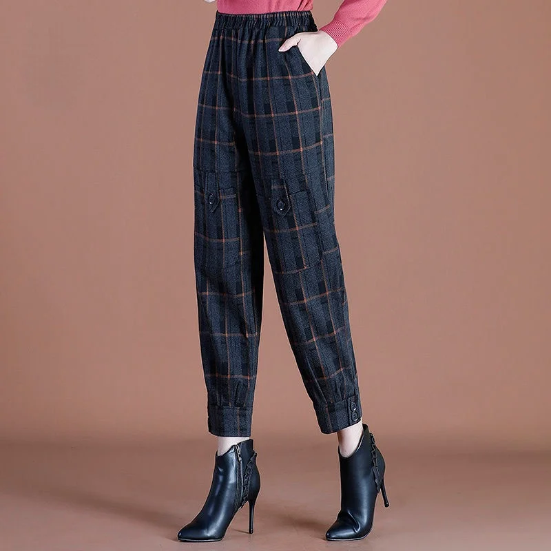 Top Trends: Original Design Print Plaid Woolen Lantern Pants Women Autumn New Elastic Waist Pockets Loose Buttons Versatile Straight Trouser Shoppable Styles