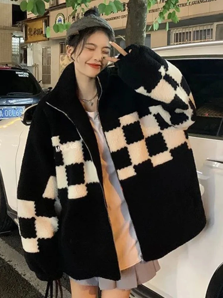 Top Trends: Deeptown High Street Zip Up Plaid Quilted Coat Women Harajuku Lamb Wool Jacket Retro Patchwork Loose Winter Outwear Preppy Style Shoppable Styles