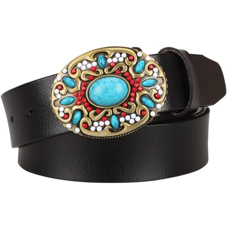 Top Trends: Fashion Women's Genuine Leather Belt Mosaic Gem Turquoise Belts Metal Buckle Arabesque Pattern Retro Lady Jeans Waistband Gift Shoppable Styles - Image 5