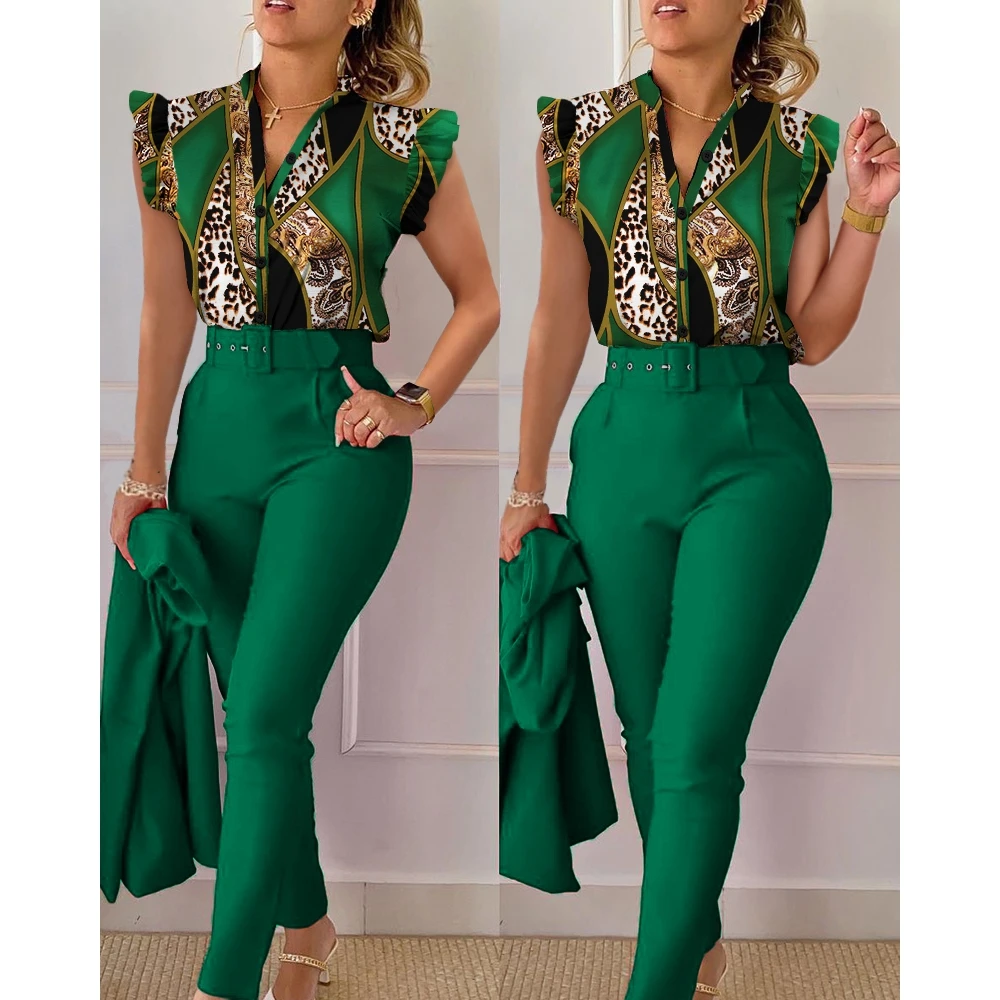 Top Trends: Women Casual Baroque Leopard Print Flutter Sleeve Top &amp; Pants Set With Belt Female Two Piece Suit Sets Outfits Summer Workwear Shoppable Styles