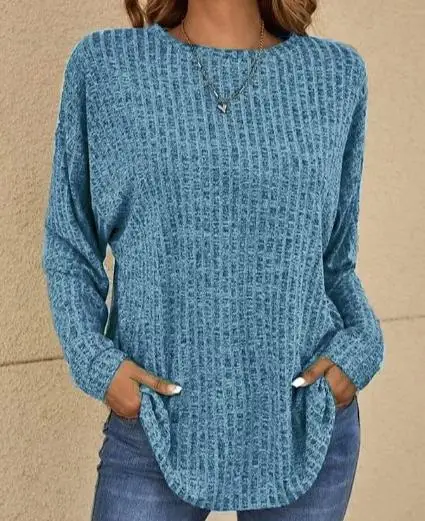 Top Trends: Fashion Woman Blouse 2023 Spring Knitted Round Neck Pit Strip Casual Solid Color Long Sleeve Daily Loose T-Shirt Y2K Tops Shoppable Styles