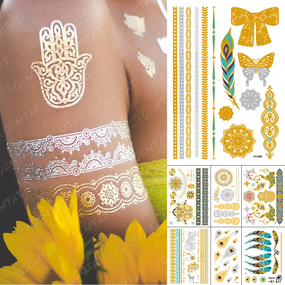 Top Trends: Waterproof Temporary Tattoo Sticker Henna India Peacock Feather Gold Silver Metallic Festival Flash Tatoo Boho Glitter Body Art Shoppable Styles