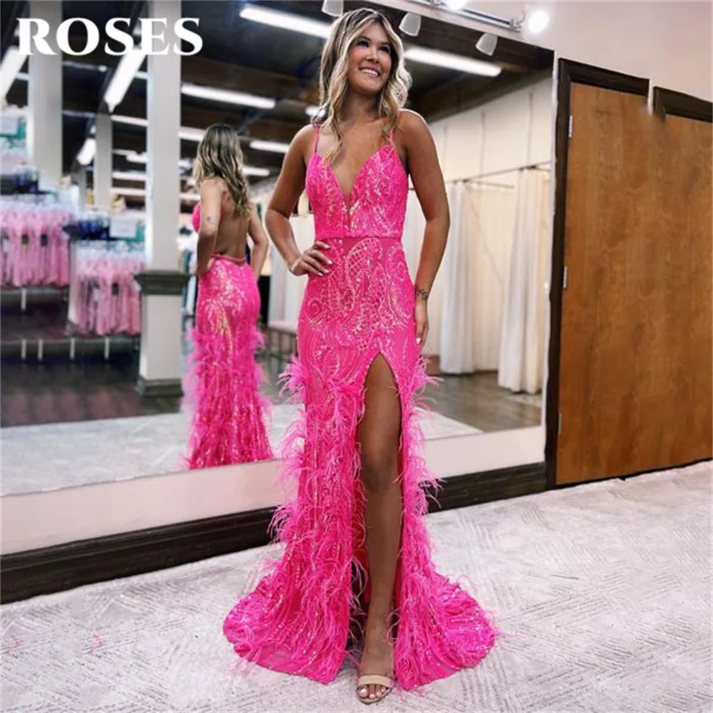 Top Trends: ROSES Mermaid Pink Special Occasion Dresses Feather Beading Charming Long Evening Dresses Side Split Party Dress Robes Du Soir Shoppable Styles