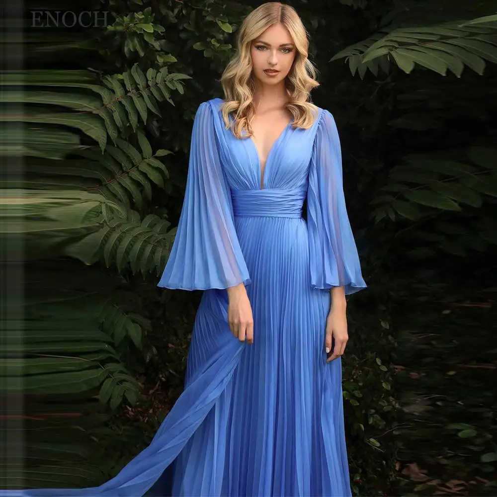 Top Trends: ENOCH Simple V-Neck Chiffon Evening Dresses Pleated Long Sleeves Formal Gowns Floor Length V-Back Vestidos De Gala Custom Made Shoppable Styles