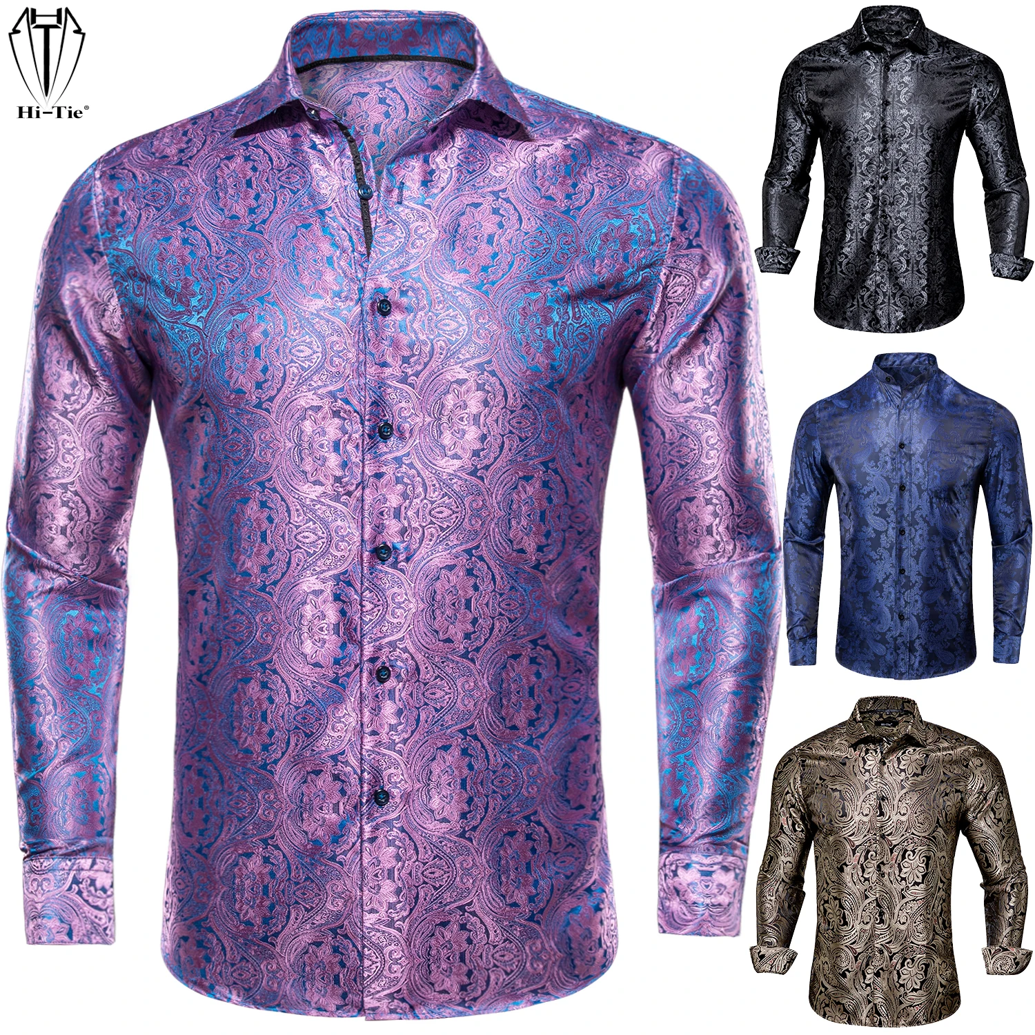 Top Trends: Hi-Tie Brand New Silk Mens Shirts Long Sleeve Slim Fit Gold Blue Red Beige Burgundy Pink Purple Gray Shirt For Men High Quality Shoppable Styles