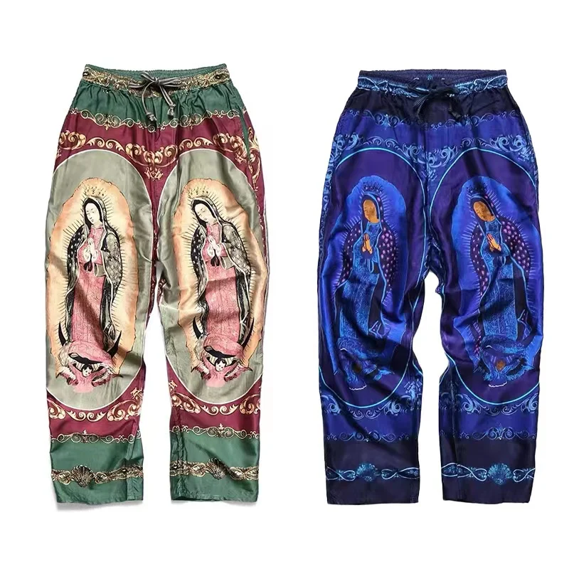 Top Trends: Kapital Japanese Rayon Virgin Mary Pattern Men's And Women's Breathable Casual Pants Summer Printed Fashion Loose Trousers Shoppable Styles