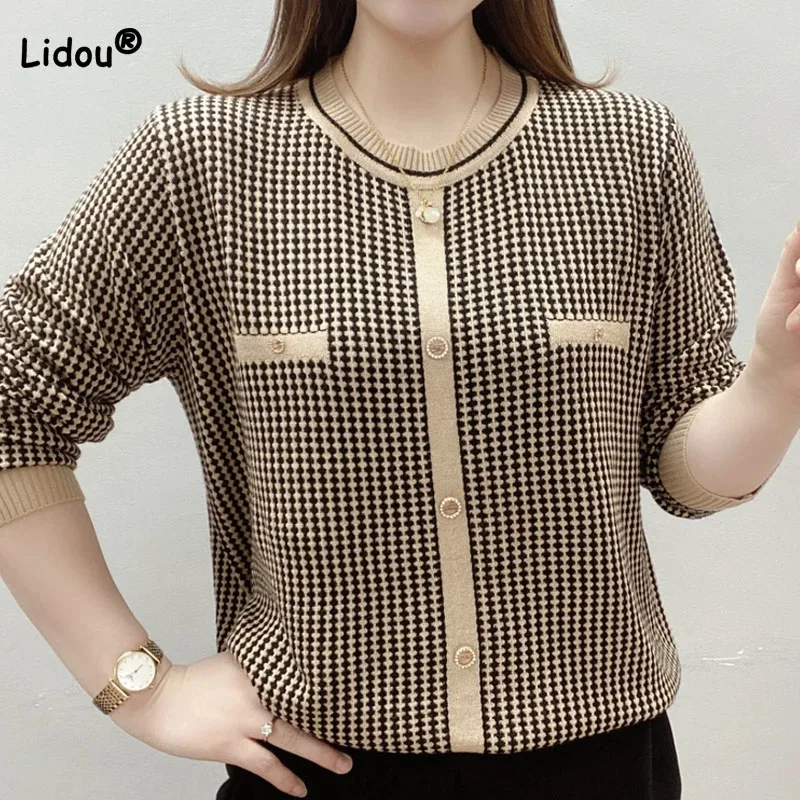 Top Trends: Fashion Commute Houndstooth Round Neck T-shirt Female Chic Spliced Long Sleeve Elastic Pullovers Tops Spring Women's Clothing Shoppable Styles