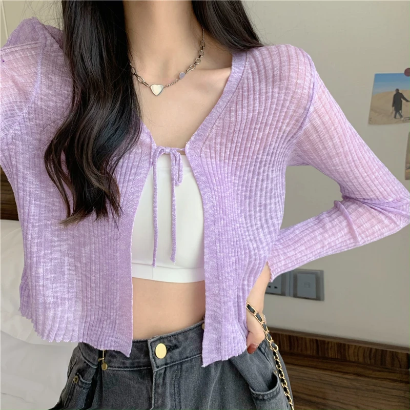 Top Trends: Summer Sunscreen Knitting Cardigan Women Thin Transparent Laced Shawl Girls Long Sleeve Sweater Shirts Lady Crop Top Shoppable Styles