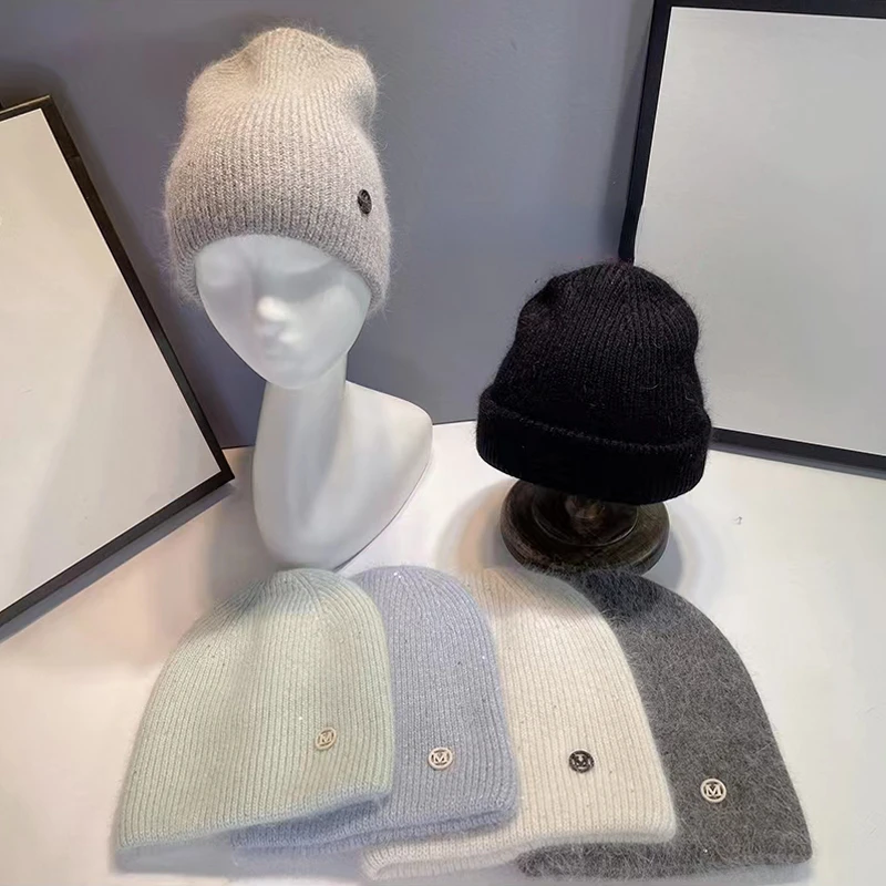 Top Trends: 2022Angora Rabbit Fur Winter Woman Hat Cashmere Skullies Beanies Soft Solid Warm Fluffy Thick Sequins Knitted Hat Gift Wholesale Shoppable Styles