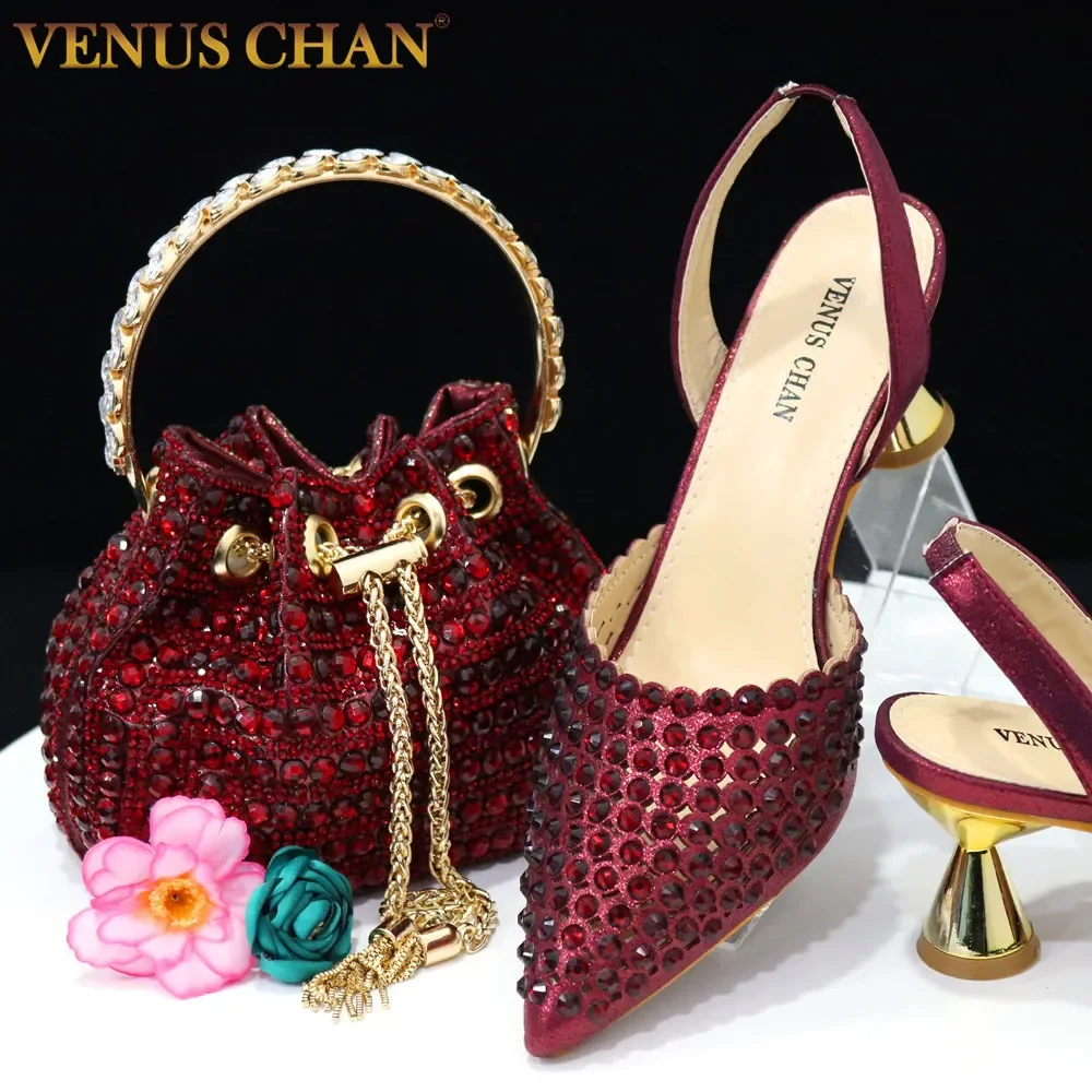 Top Trends: Venus Chan Pointed Toe Heels For Women 2023 Elegant Party Wine Color Full Diamond Pumps Italian Shoes And Bags Matching Set Shoppable Styles