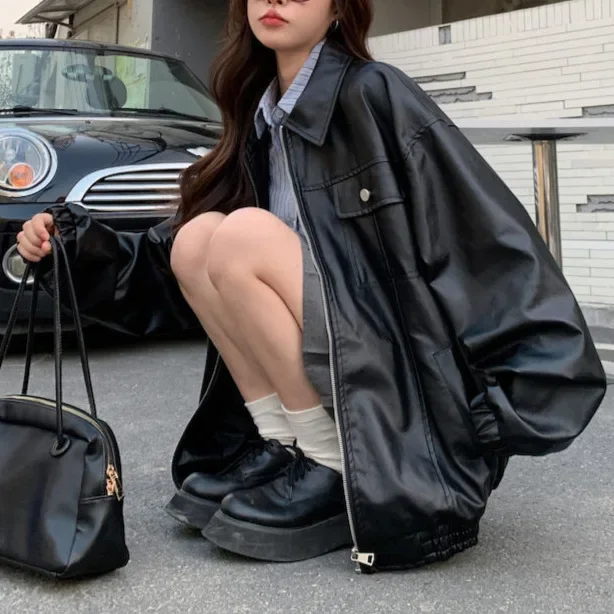 Top Trends: Vintage Black Leather Jacket Women Moto Biker Zipper Jackets Oversize Gothic Style Motorcycle Coats Korean Streetwear Shoppable Styles