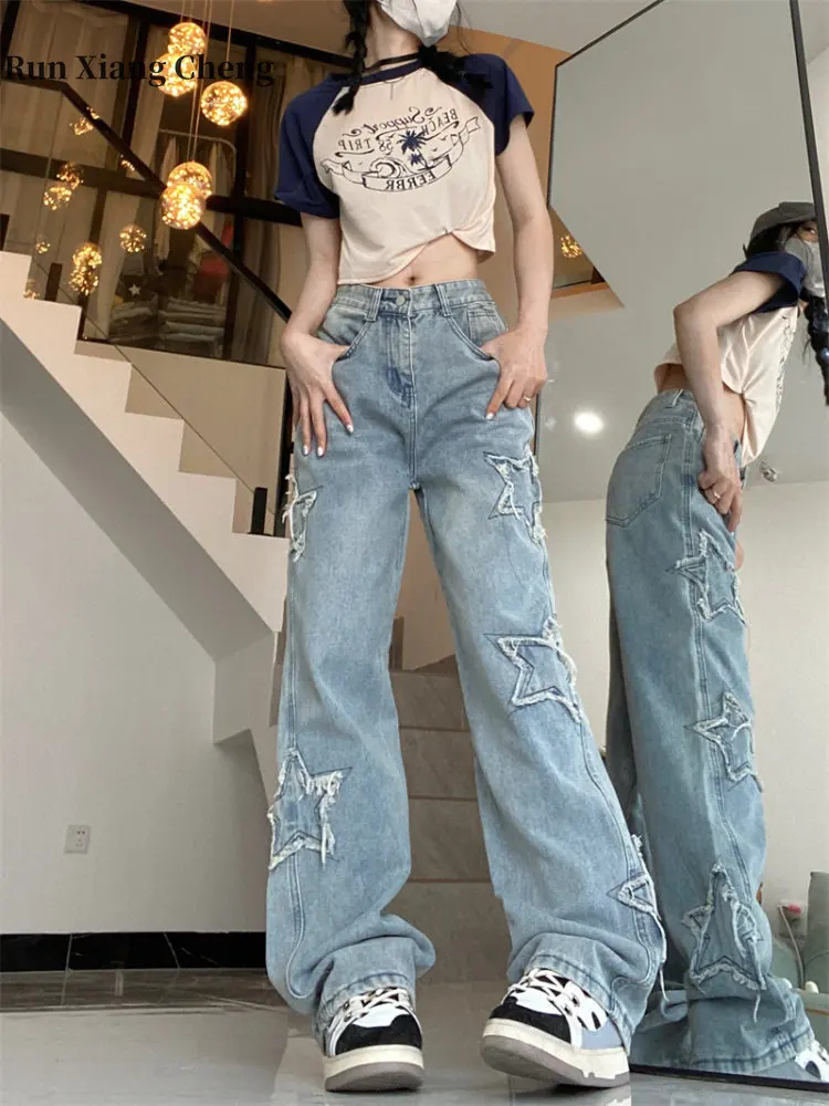 Top Trends: Women's Pants 2023 Y2k Fashion Denim Long Trousers Baggy Female Vintage Star Embroidered Streetwear High Waist Straight Jeans Shoppable Styles