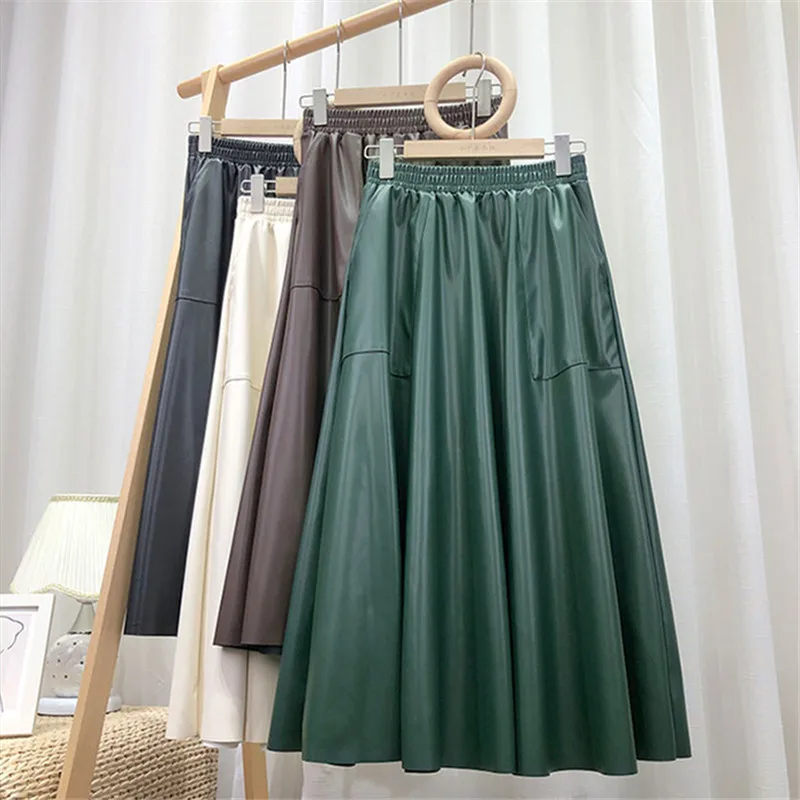 Top Trends: Neophil Women White PU Leather Skirts 2023 Winter 80cm Pockets Elastic High Waist Faldas A-Line Ladies Long Flare Skirt S220714 Shoppable Styles