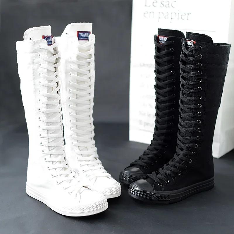 Top Trends: High Top Women Canvas Shoes Lace Up Knee High Boots Flats Casual Vulcanized Shoes Sneakers Comfortable Girls Canvas Long Boots Shoppable Styles