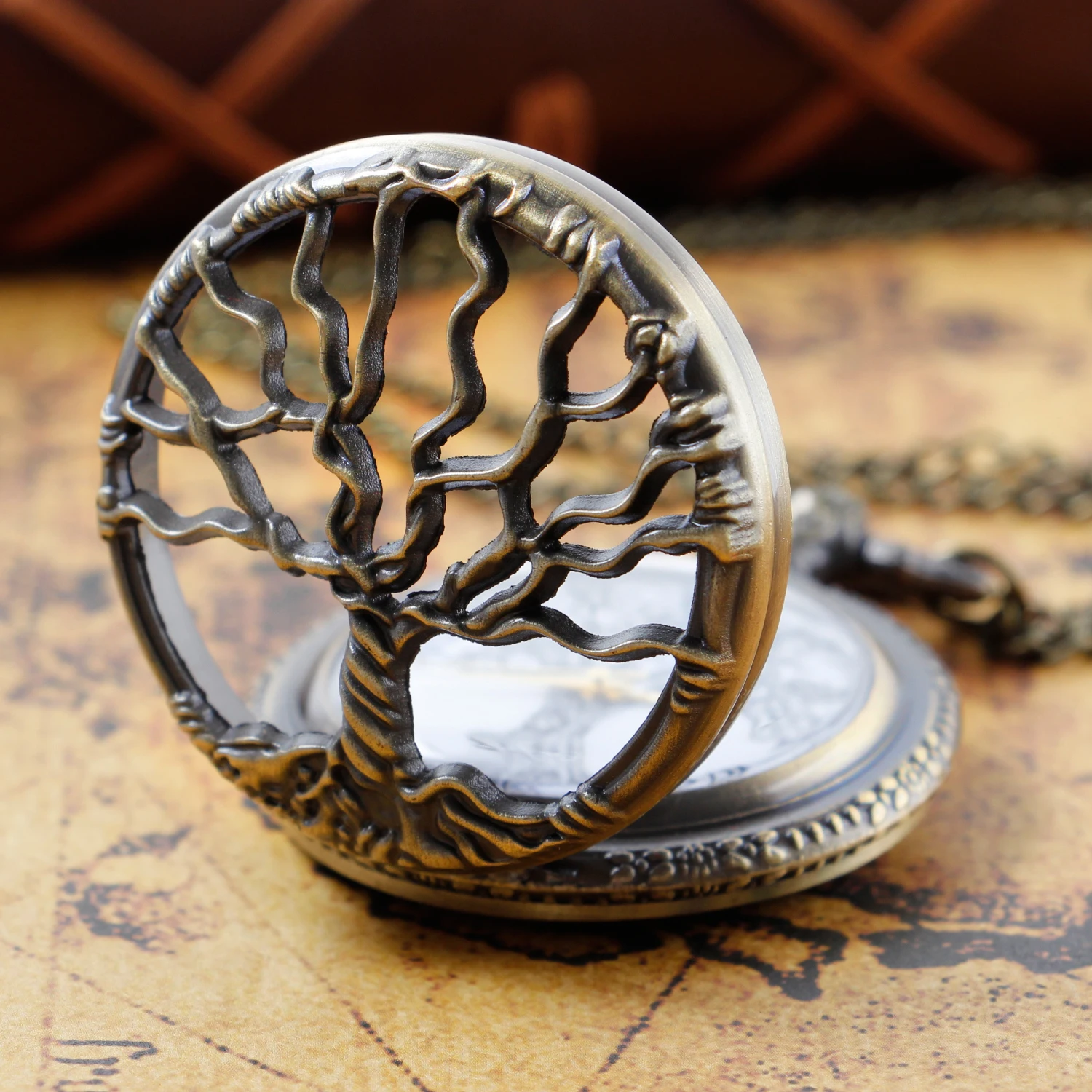 Top Trends: Steampunk Retro Bronze Hollow Tree Of Life Quartz Pocket Watch With Fob Chain Women Watch Pendant Necklace Chain Men Gift CF1088 Shoppable Styles