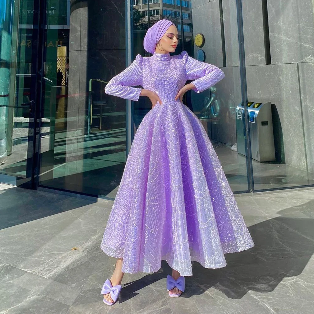 Top Trends: Sevintage Modest Lilac Prom Dresses Sequined Crystal Beading Pearls Long Sleeves High-Neck A-Line Arabic Muslim Evening Gowns Shoppable Styles