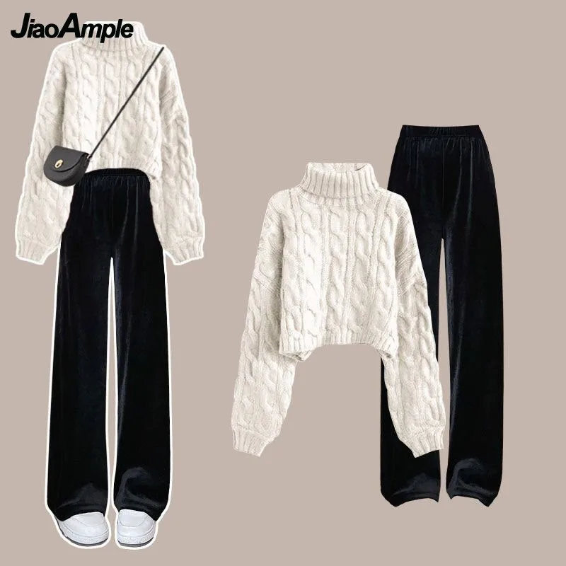 Top Trends: 2023 Autumn / Winter New In Matching Set Women's Korean Elegant High Neck Knitted Sweater Casual Pants Two Piece Female Clothing Shoppable Styles - Image 4