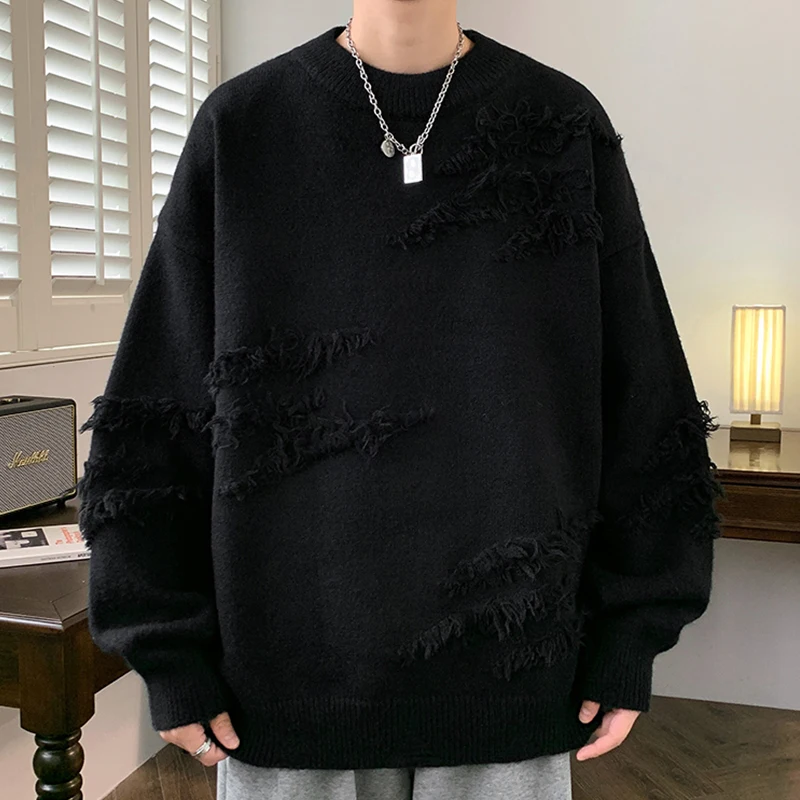 Top Trends: 2023 Autumn Y2k Streetwear Men New Retro Ripped Tassel Sweater Loose Hip Hop Style All-match Sweater Men's Long-sleeved Pullover Shoppable Styles