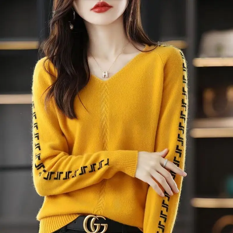 Top Trends: Fashion V-Neck Knitted Spliced Loose Korean Sweaters Women's Clothing 2022 Autumn New Casual Pullovers All-match Commute Tops Shoppable Styles