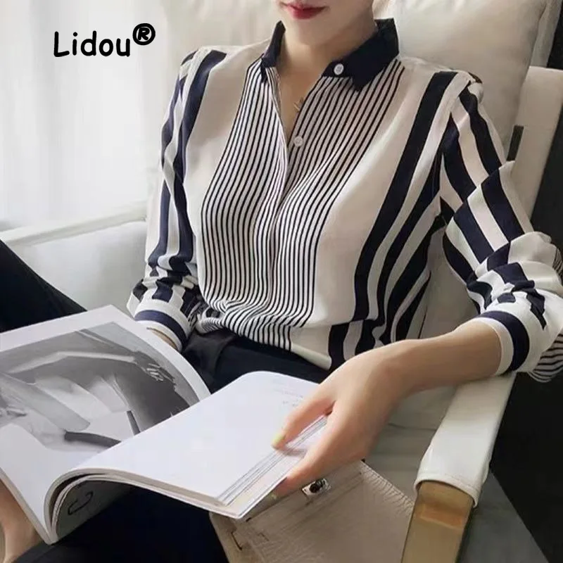 Top Trends: Striped Color Matching Fashion Single-breasted Blouse Women New Long Sleeve Loose Polo Collar Office All-match Lady Shirt 2023 Shoppable Styles