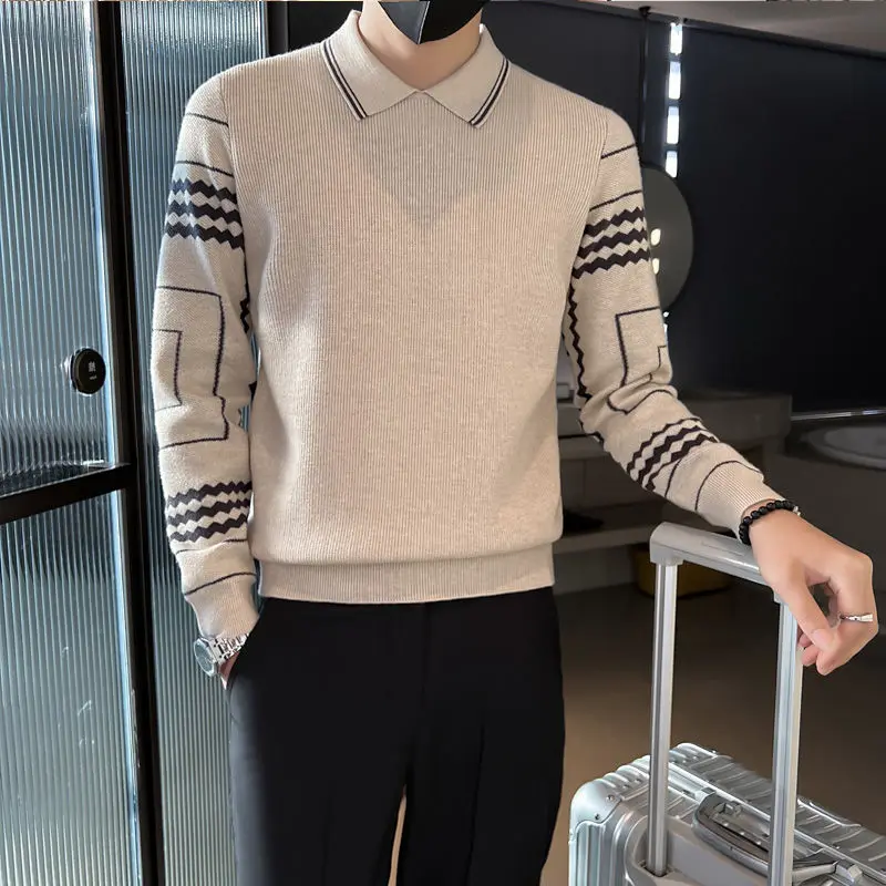 Top Trends: Winter Men&#039;s Turn-down Collar Sweater 2023 Autumn New Fashion Striped Long Sleeved Pullover Wave Cut Bottom Knitted Casual Tops Shoppable Styles