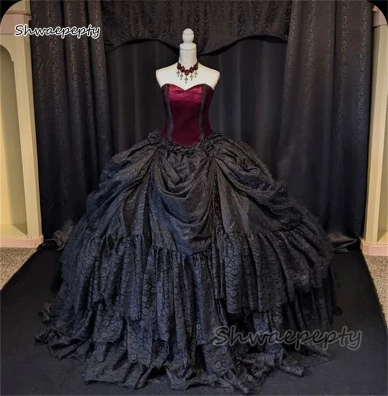 Top Trends: Vintage Victorian Black Gothic Wedding Dresses Tiered Strapless Lace Ball Gown Vestido De Novia With Long Sleeves Short Jacket Shoppable Styles