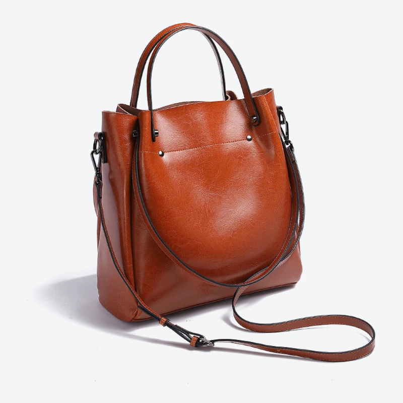 Top Trends: One-shoulder Large Casual Tote Fashion Messenger Cowhide Leather Women's Bag Large-capacity Ladies Handbag Bucket High Quality Shoppable Styles