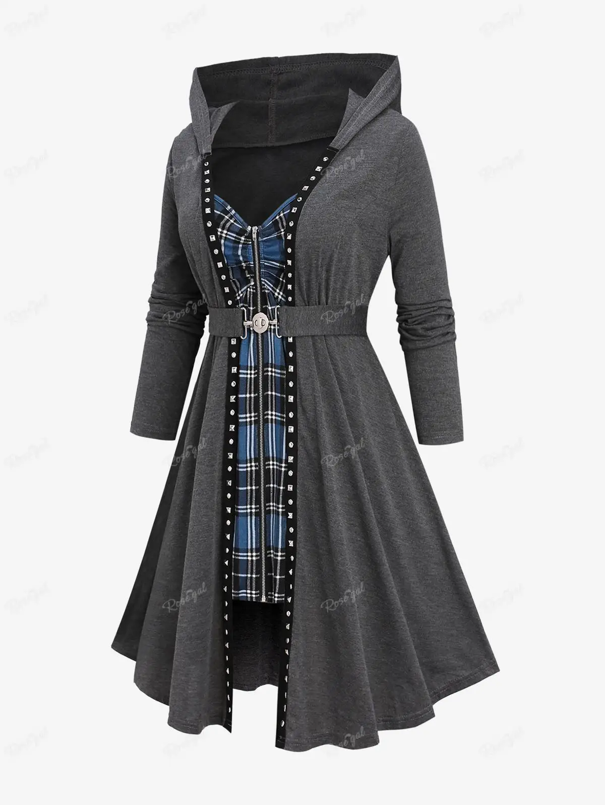 Top Trends: ROSEGAL Autumn Winter Women's Plus Size Zipper Coats Gray Outwear Plaid Cinched Patchwork Rivet Ruched Buckle Belted Hooded Coat Shoppable Styles