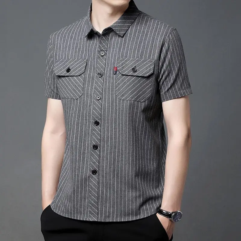 Top Trends: Men&#039;s Clothing Business Casual Loose Striped Printing Short Sleeve Button Handsome Temperament Pockets Turn-down Collar Shirts Shoppable Styles