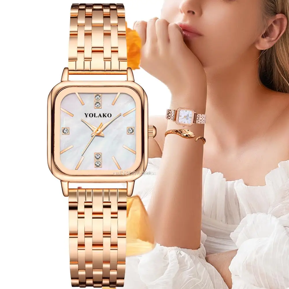 Top Trends: Luxury Brands Women Quartz Watch Fashion Square With Diamonds Seashell Surface Design Gold Coloured Fine Metal Strap Watches Shoppable Styles