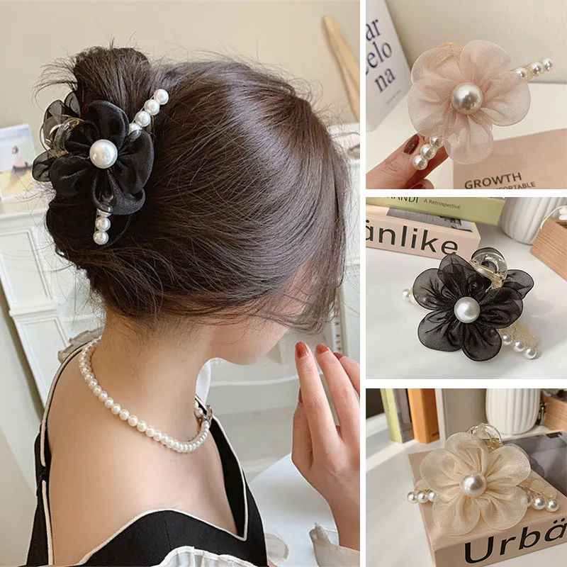 Top Trends: New Pearl Flower Hair Claw Crystal Non-slip Big Catch Clip Female Elegant Hair Clip Shark Clip Hair Accessory Hairpin Headwear Shoppable Styles