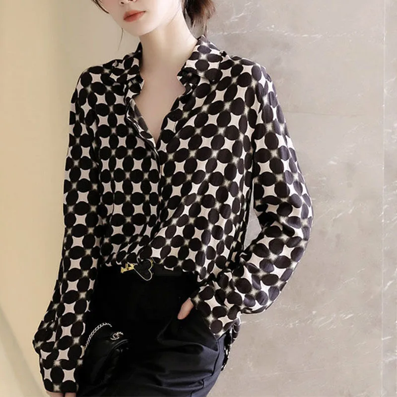 Top Trends: Office Lady Polka Dots Printing Fashion Women Chiffon Shirt Spring Summer Loose Long Sleeves Lapel Female Blouse Clothing 2022 Shoppable Styles